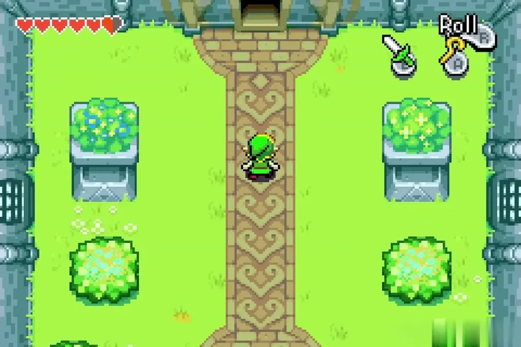 Link walking up the garden path in the castle courtyard Link walking up the garden path in the castle courtyard