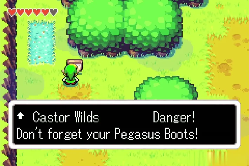 Link reading the signpost warning of Castor Wilds and Pegasus Boots Link reading the signpost warning of Castor Wilds and Pegasus Boots