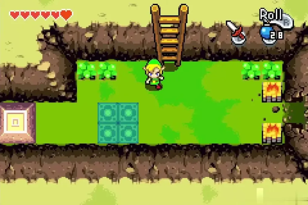 Link in the cave room with two panels and a stone block Link in the cave room with two panels and a stone block
