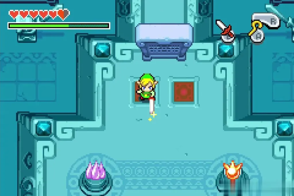 Link charging his sword on a panel with the charge gauge filling Link charging his sword on a panel with the charge gauge filling