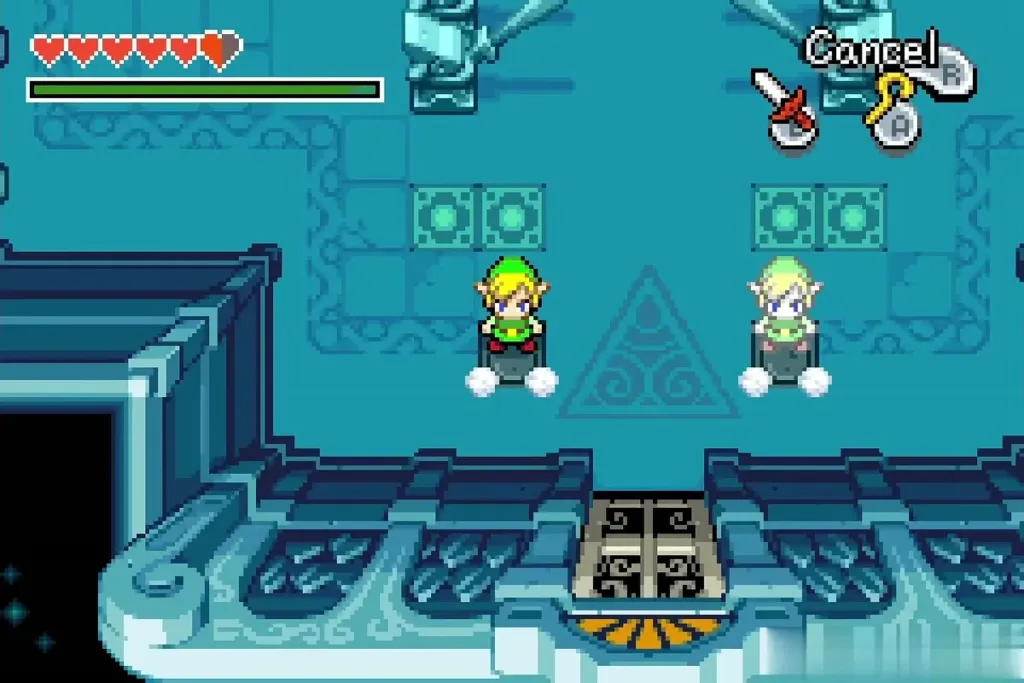 Link and his clone side by side in front of the panels and the door Link and his clone side by side in front of the panels and the door