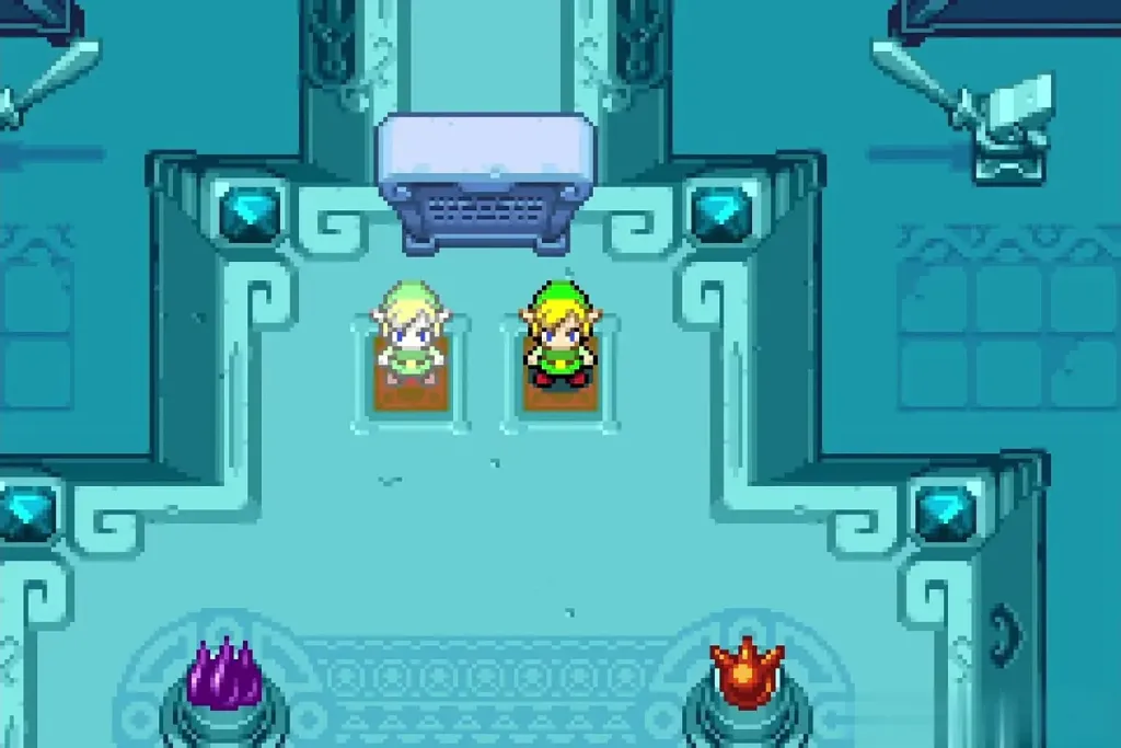 Link and his clone standing on the two panels Link and his clone standing on the two panels