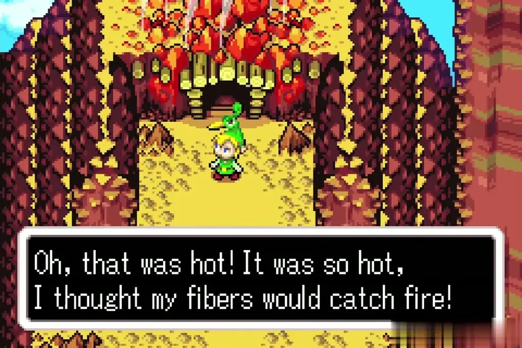 Link on the Mount Crenel ledge below the Cave of Flames while Ezlo talks Link on the Mount Crenel ledge below the Cave of Flames while Ezlo talks