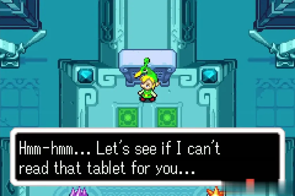 Ezlo offering to read the stone tablet while Link stands before it Ezlo offering to read the stone tablet while Link stands before it