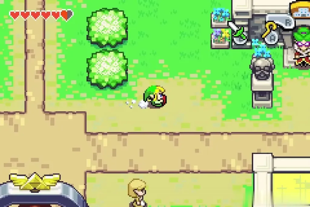 Link running toward the stone marker in northern Hyrule Town Link running toward the stone marker in northern Hyrule Town