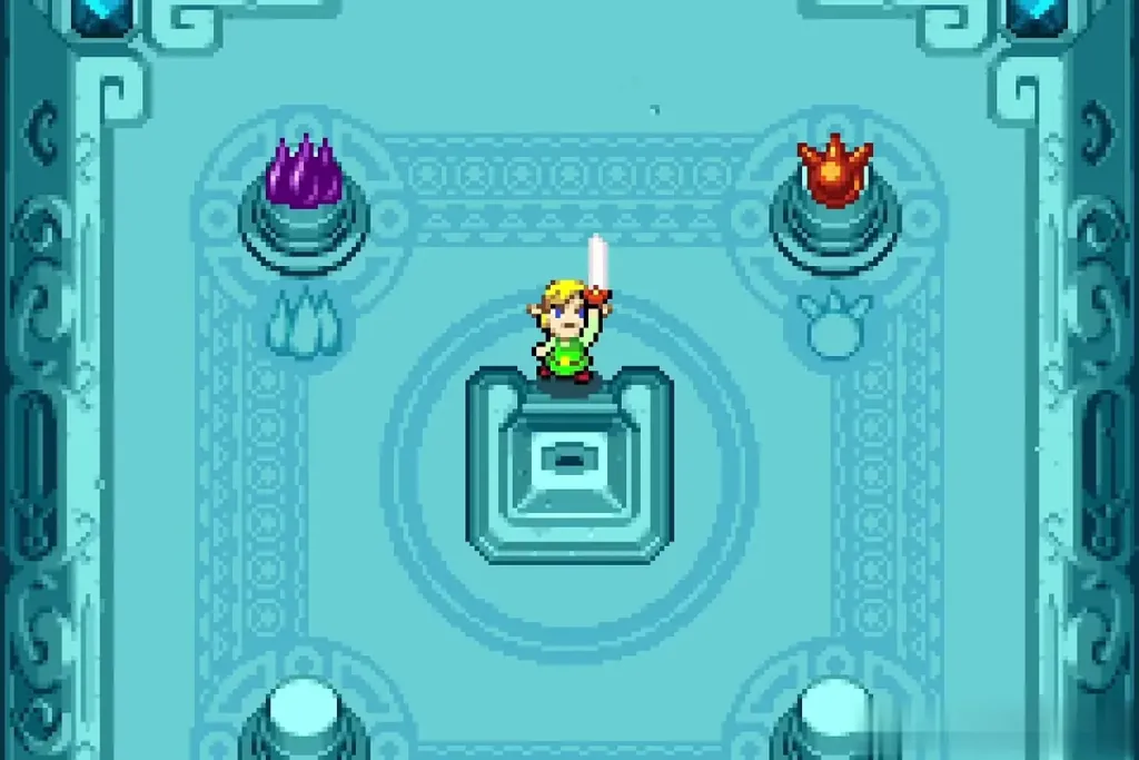 Link raising the White Sword infused with the Earth and Fire Elements Link raising the White Sword infused with the Earth and Fire Elements