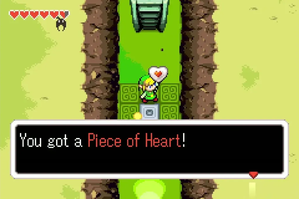 Link holding up a Piece of Heart with the full item message Link holding up a Piece of Heart with the full item message