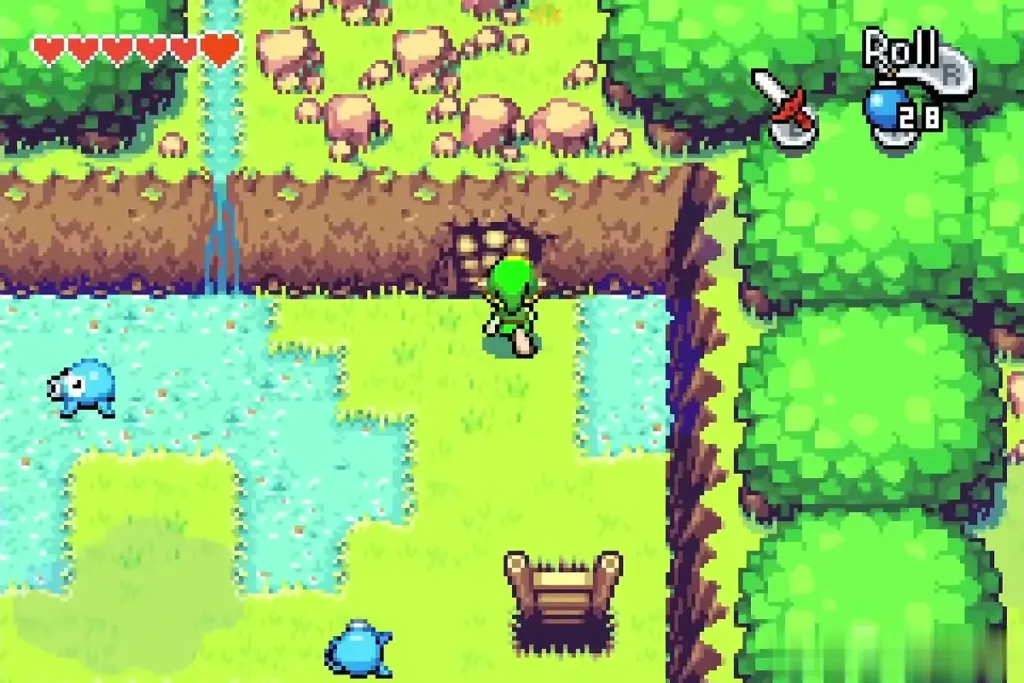 Link beside the pond and a Blue Octorok below a cracked cliff wall Link beside the pond and a Blue Octorok below a cracked cliff wall