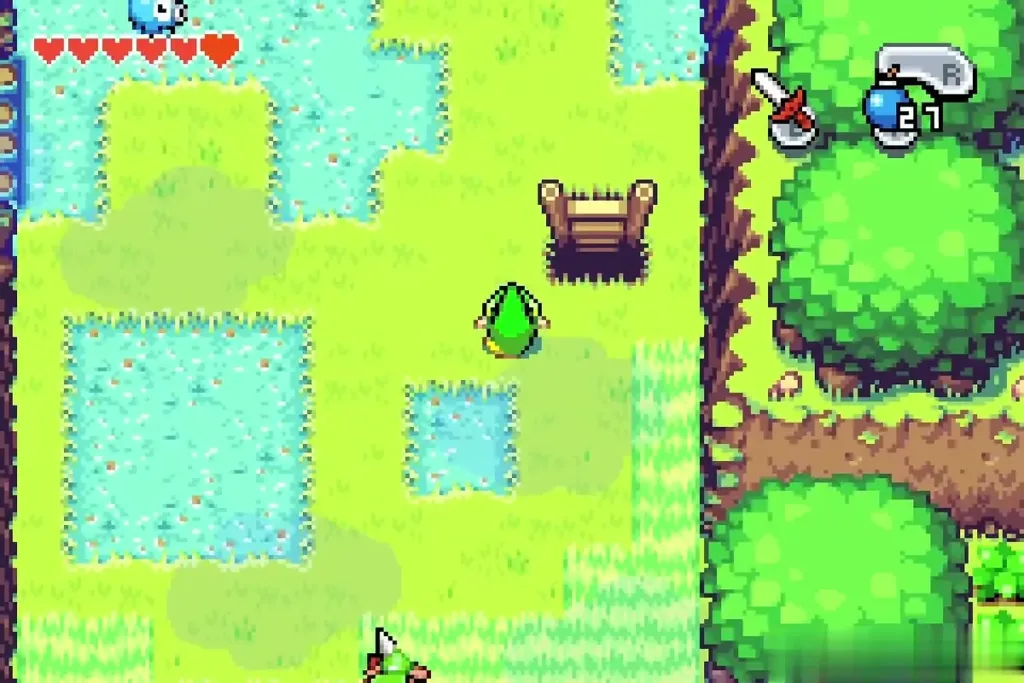 Link shrinking to Minish size beside the wooden stump by the pond Link shrinking to Minish size beside the wooden stump by the pond