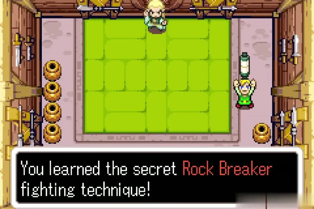 Link holding up the Tiger Scroll with the Rock Breaker message Link holding up the Tiger Scroll with the Rock Breaker message