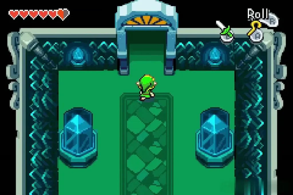 Link walking north through the green entrance hall of the Elemental Sanctuary Link walking north through the green entrance hall of the Elemental Sanctuary