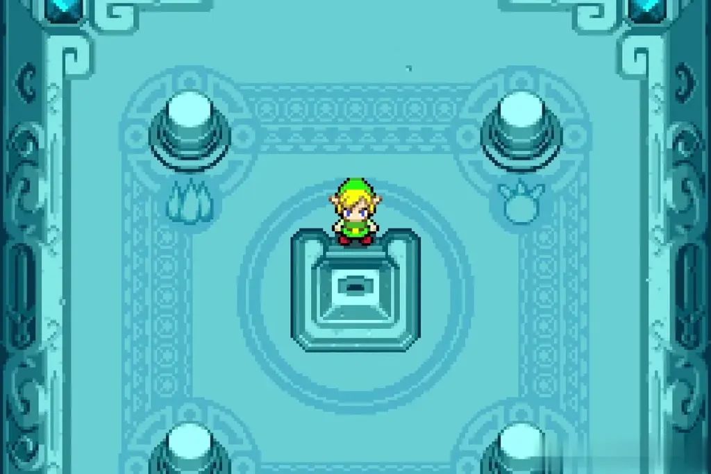 Link standing at the pedestal in the middle of the chamber Link standing at the pedestal in the middle of the chamber