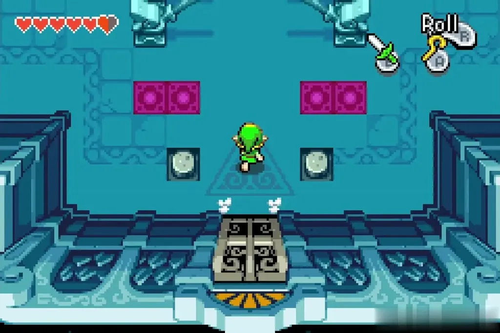 Link in the second sanctuary room with flashing floor panels and the door behind him Link in the second sanctuary room with flashing floor panels and the door behind him