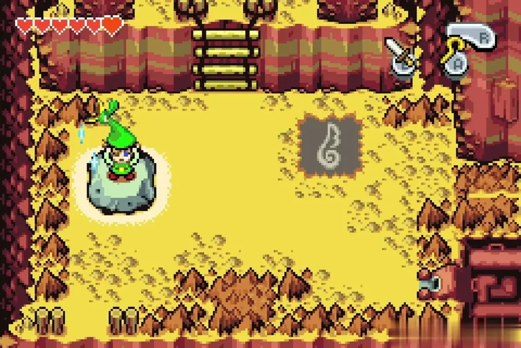 Link shrinking on the glowing Minish Portal rock Link shrinking on the glowing Minish Portal rock