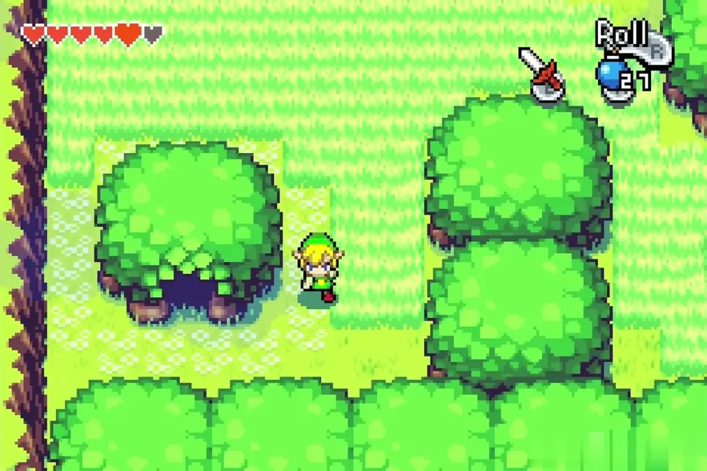 Minish-sized Link walking through tall grass toward the hollow under the big tree Minish-sized Link walking through tall grass toward the hollow under the big tree