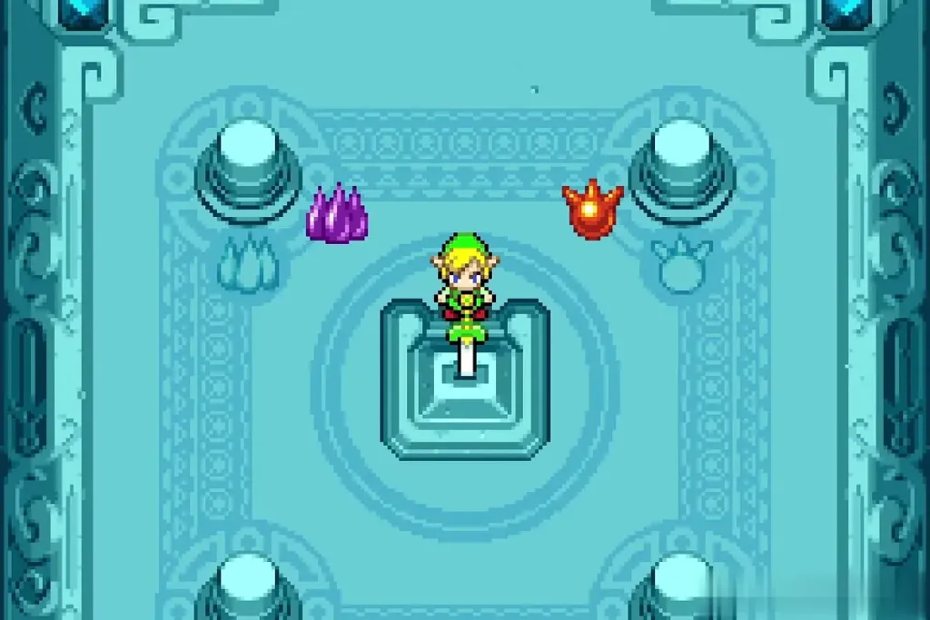 Link thrusting the White Sword into the pedestal as the Earth and Fire Elements appear Link thrusting the White Sword into the pedestal as the Earth and Fire Elements appear