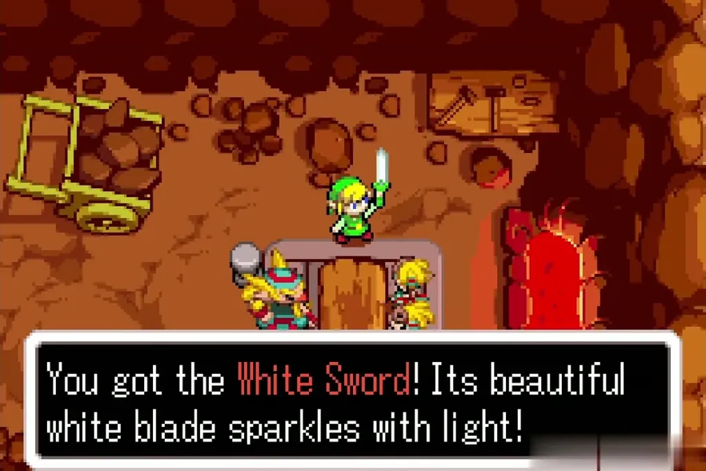 Link holding up the White Sword with the full item message Link holding up the White Sword with the full item message
