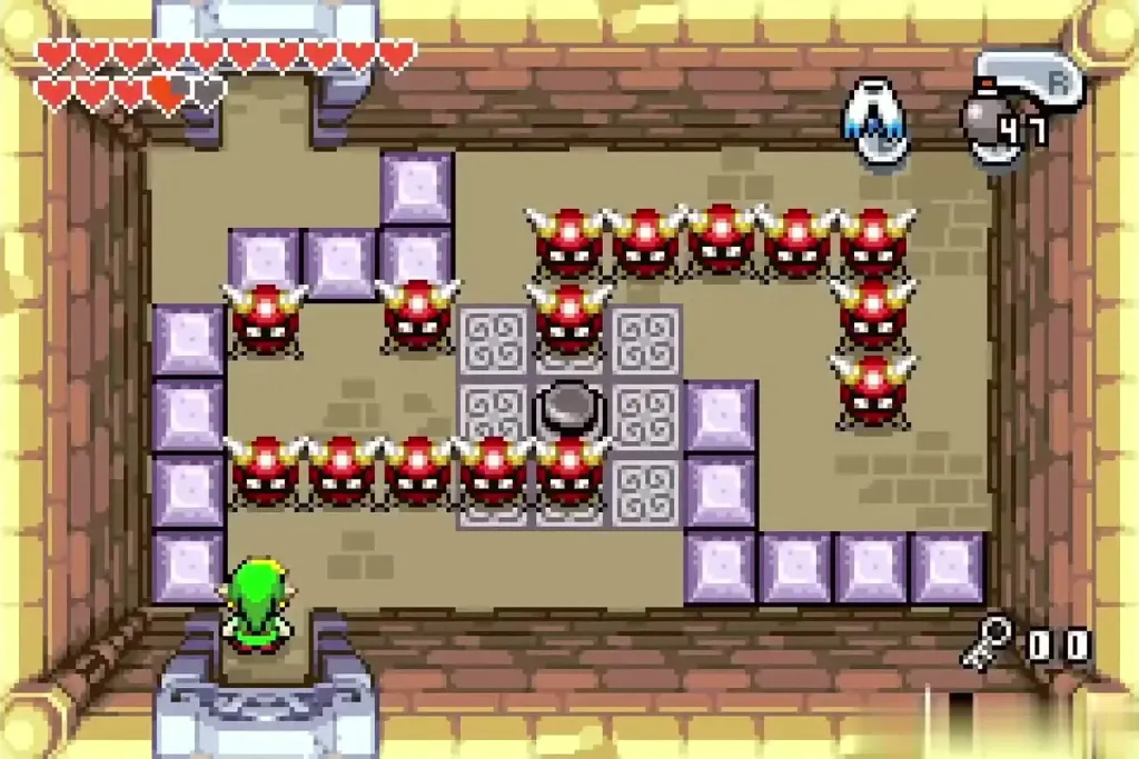 Link entering the room of red Spiked Beetles and purple blocks Link entering the room of red Spiked Beetles and purple blocks