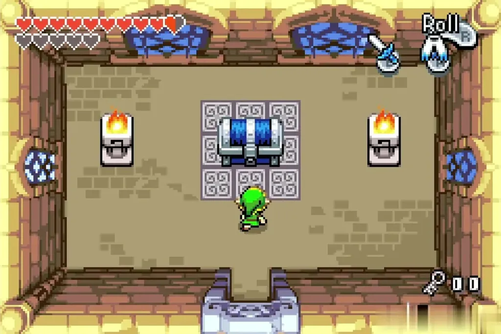 Link approaching the big chest in a torch-lit room Link approaching the big chest in a torch-lit room