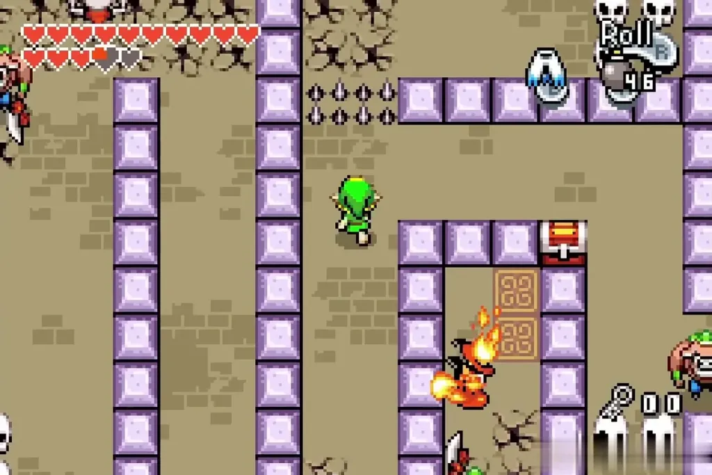 Link in a purple block maze with a red chest and fire enemy Link in a purple block maze with a red chest and fire enemy