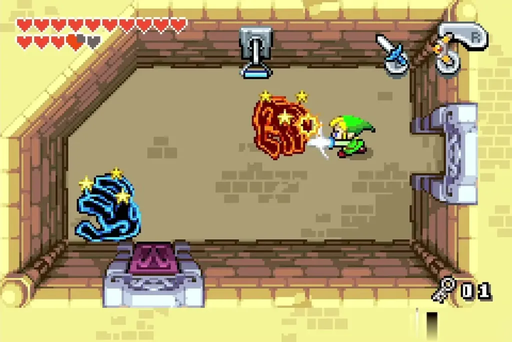 Link hitting an enemy with the boomerang while another circles Link hitting an enemy with the boomerang while another circles