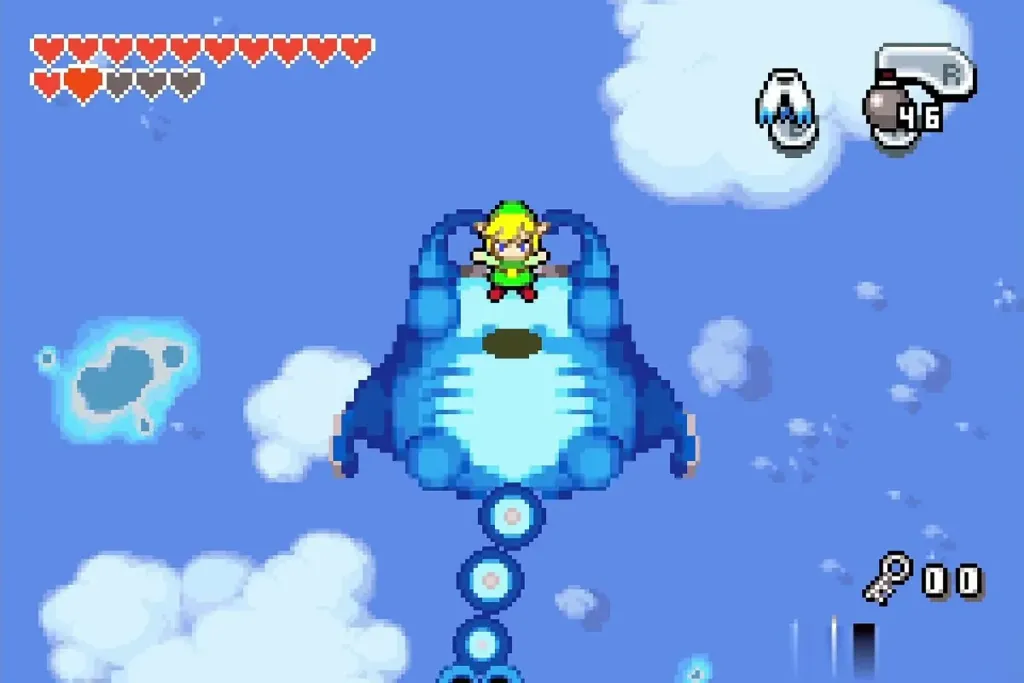Link standing on the back of the blue Gyorg in the sky Link standing on the back of the blue Gyorg in the sky