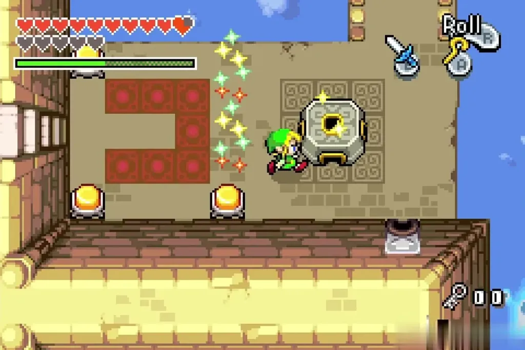 Link with sword charged beside a stone statue, red blocks and floor switches Link with sword charged beside a stone statue, red blocks and floor switches
