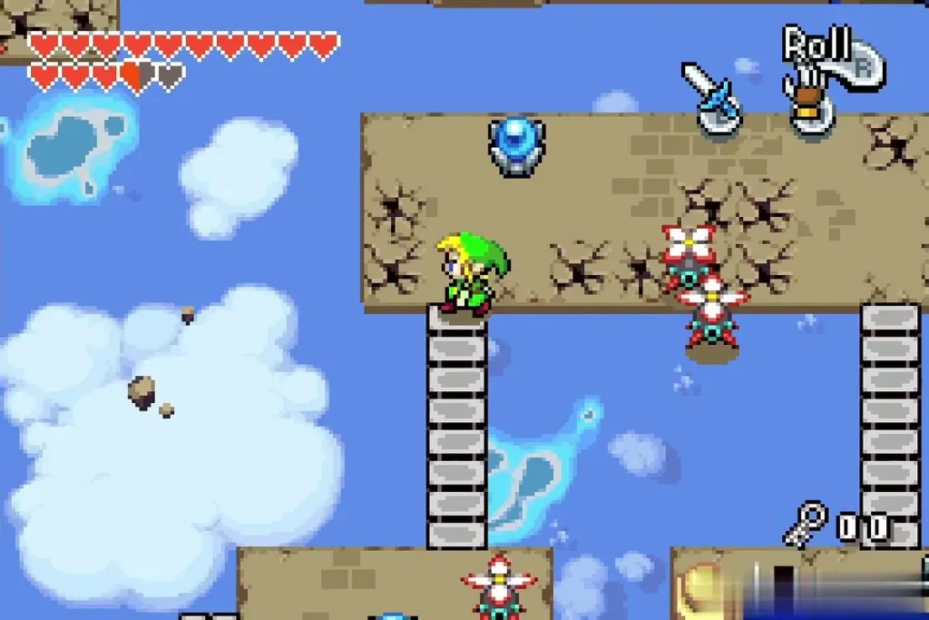 Link on a cracked floor ledge beside a cloud bridge ladder Link on a cracked floor ledge beside a cloud bridge ladder