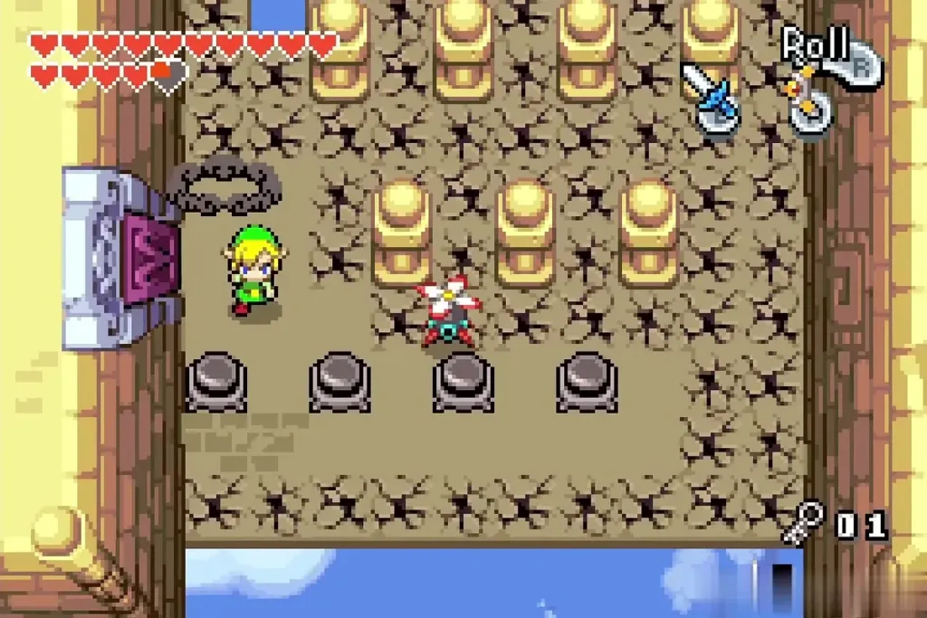 Link in the cracked-floor room with pillars and a dark ring Link in the cracked-floor room with pillars and a dark ring
