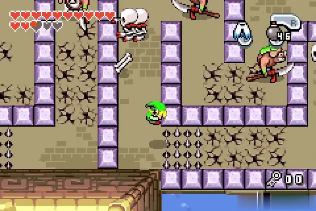 Link on cracked floor with sword-swinging guards and a Stalfos Link on cracked floor with sword-swinging guards and a Stalfos