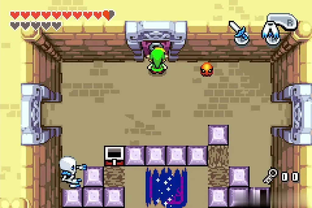 Link stepping through the unlocked door at the end of the block row Link stepping through the unlocked door at the end of the block row