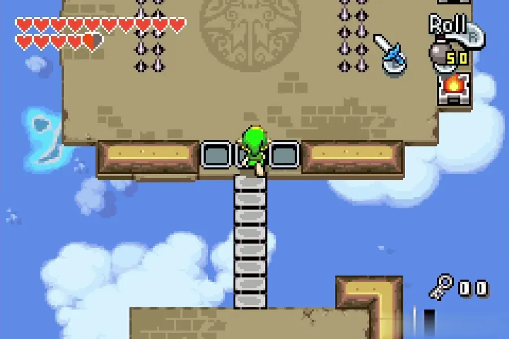 Link climbing the ladder to the spike-floor room with the emblem Link climbing the ladder to the spike-floor room with the emblem