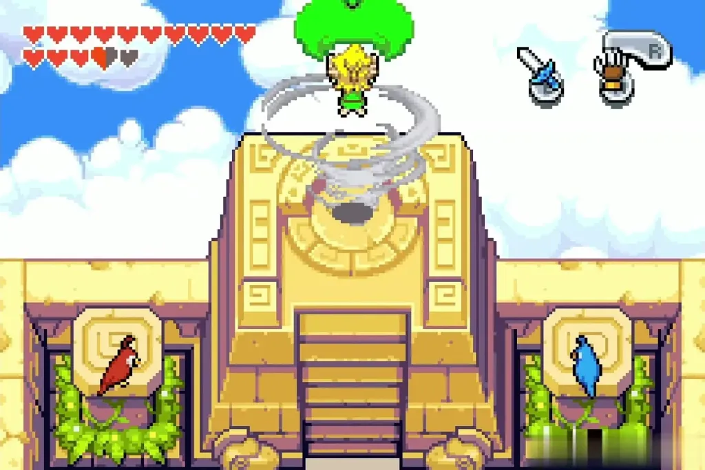 Link drifting down on a whirlwind above the golden Palace of Winds entrance Link drifting down on a whirlwind above the golden Palace of Winds entrance