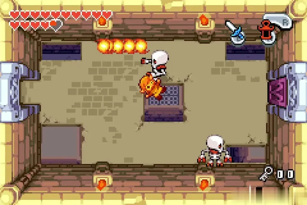 Link dodging a fireball trail and two Stalfos Link dodging a fireball trail and two Stalfos