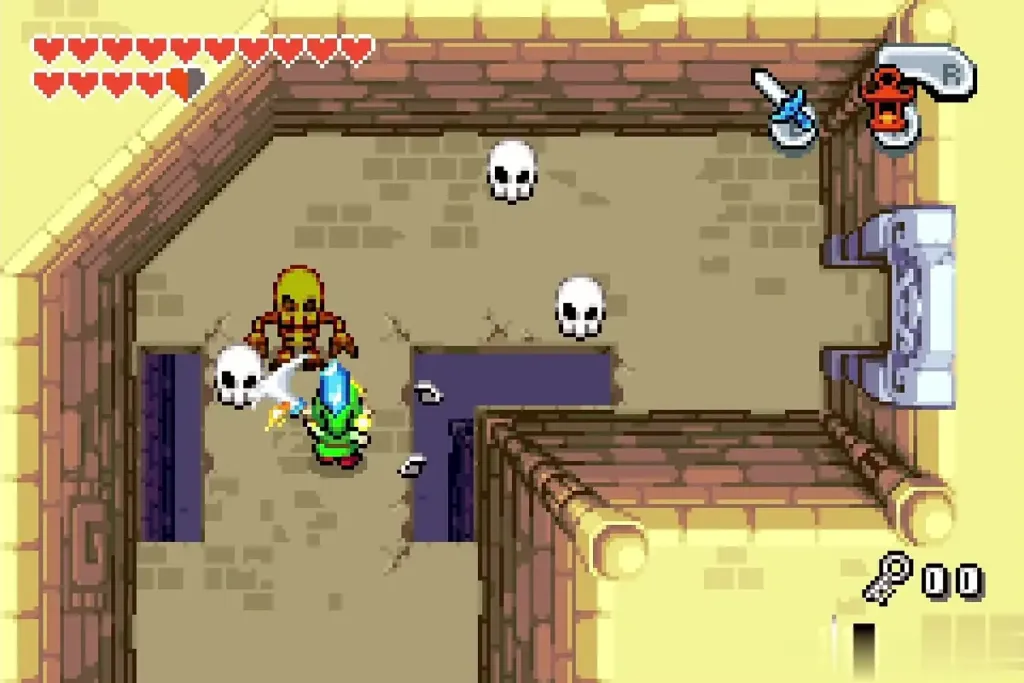 Link sword-fighting a fiery skeleton enemy Link sword-fighting a fiery skeleton enemy