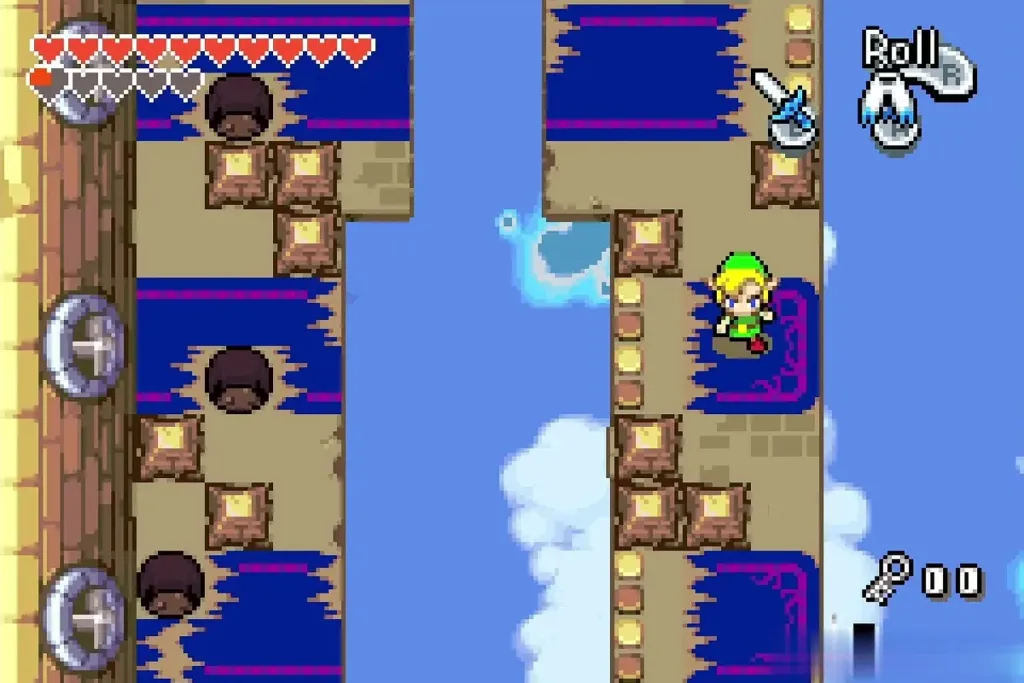 Link crossing a carpet ledge with wall fans and holes below Link crossing a carpet ledge with wall fans and holes below