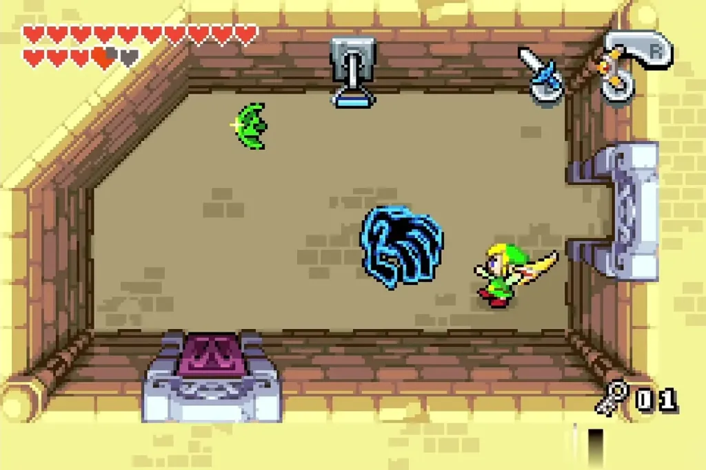 A green Kinstone piece dropping into the room as Link swings A green Kinstone piece dropping into the room as Link swings