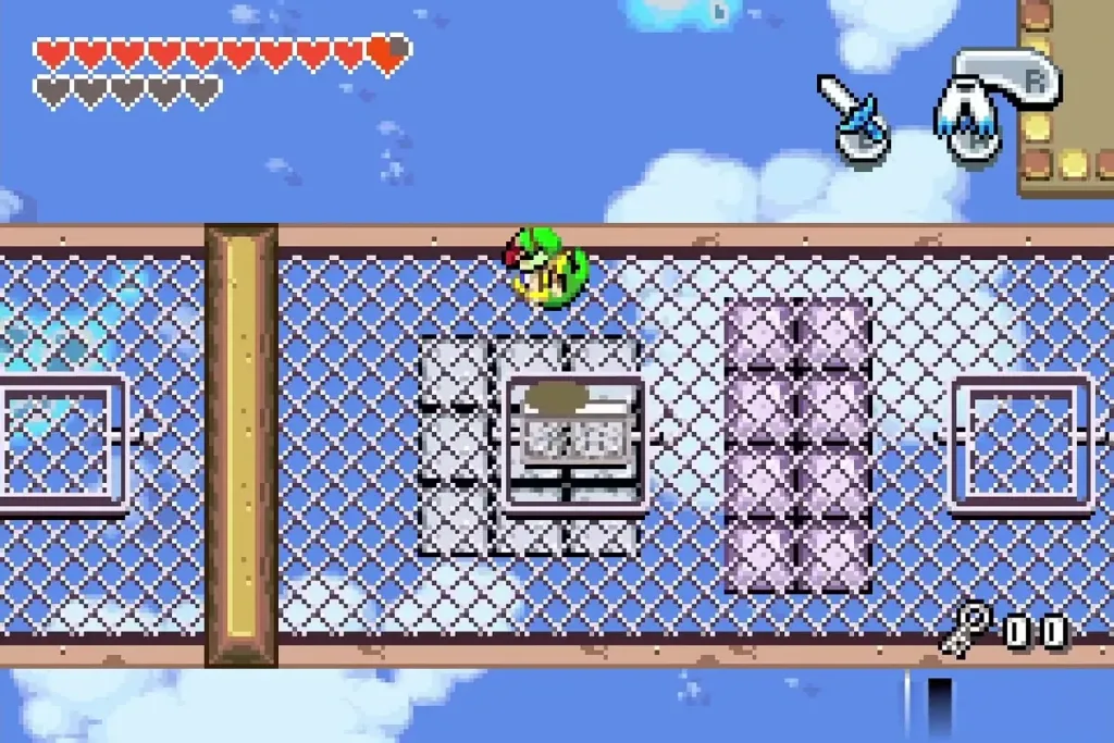 Link jumping onto a grid of tiles on a mesh walkway Link jumping onto a grid of tiles on a mesh walkway