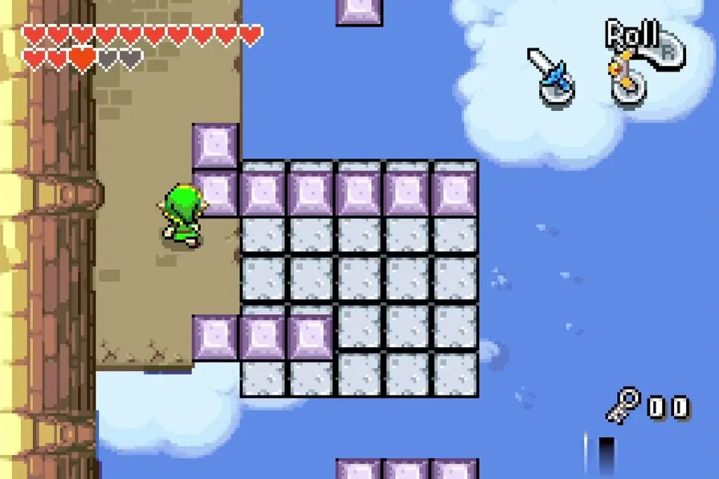 Link beside a field of grey and purple blocks over the clouds Link beside a field of grey and purple blocks over the clouds