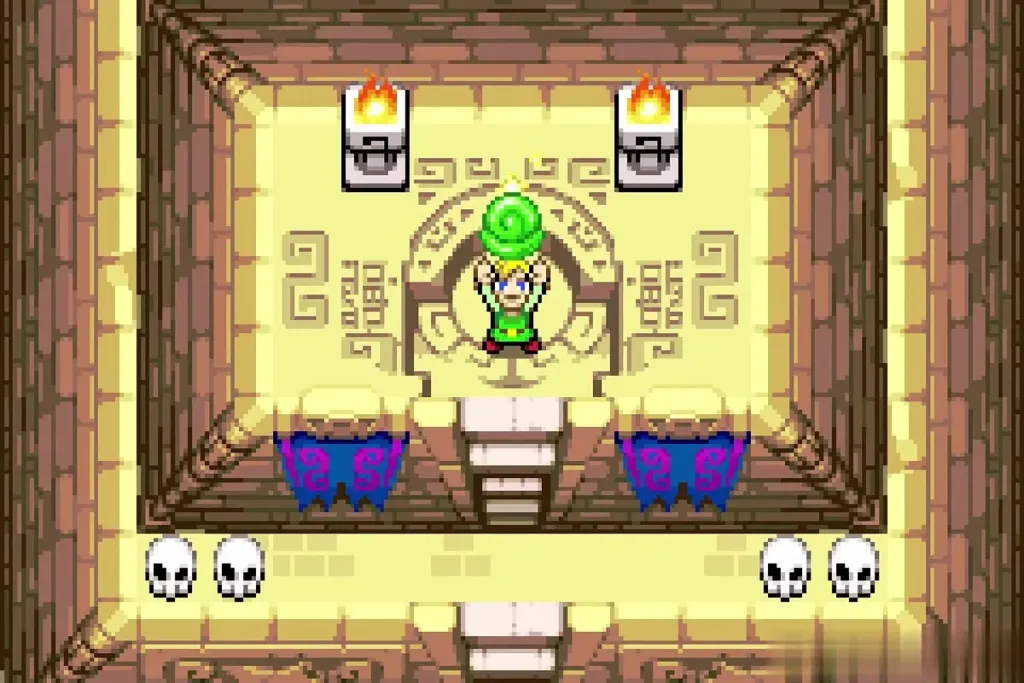 Link raising the glowing Wind Element over his head Link raising the glowing Wind Element over his head
