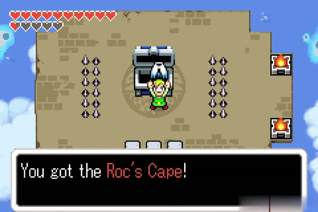 Link holding up Roc's Cape with its message fully shown Link holding up Roc's Cape with its message fully shown