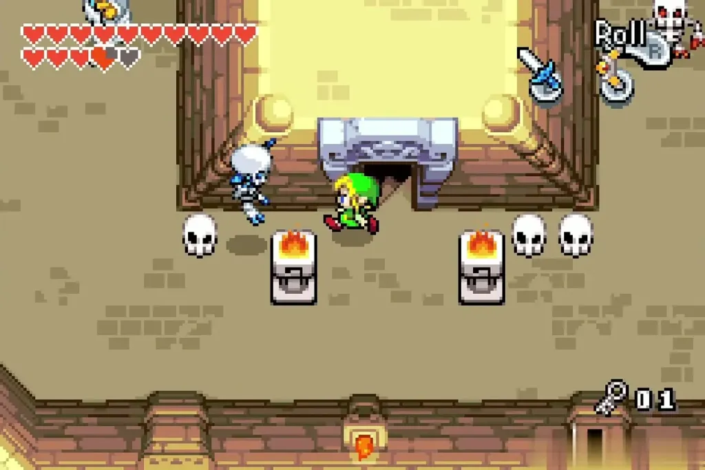 Link running past skulls and torches with a Stalfos nearby Link running past skulls and torches with a Stalfos nearby