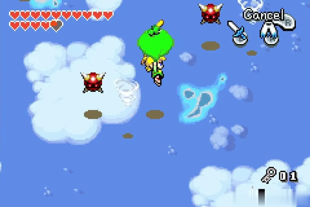 Link gliding with the cape past red Spiked Beetles and a whirlwind Link gliding with the cape past red Spiked Beetles and a whirlwind