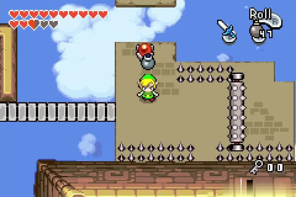 Link approaching a spiked platform before the emblem room Link approaching a spiked platform before the emblem room