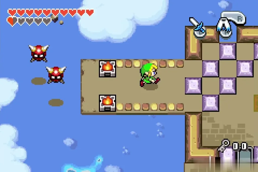 Link running along a ledge past two flying red Spiked Beetles Link running along a ledge past two flying red Spiked Beetles