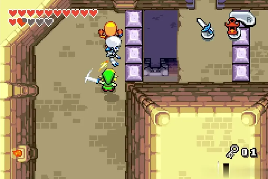 Link fighting a Stalfos beside the purple block hole Link fighting a Stalfos beside the purple block hole