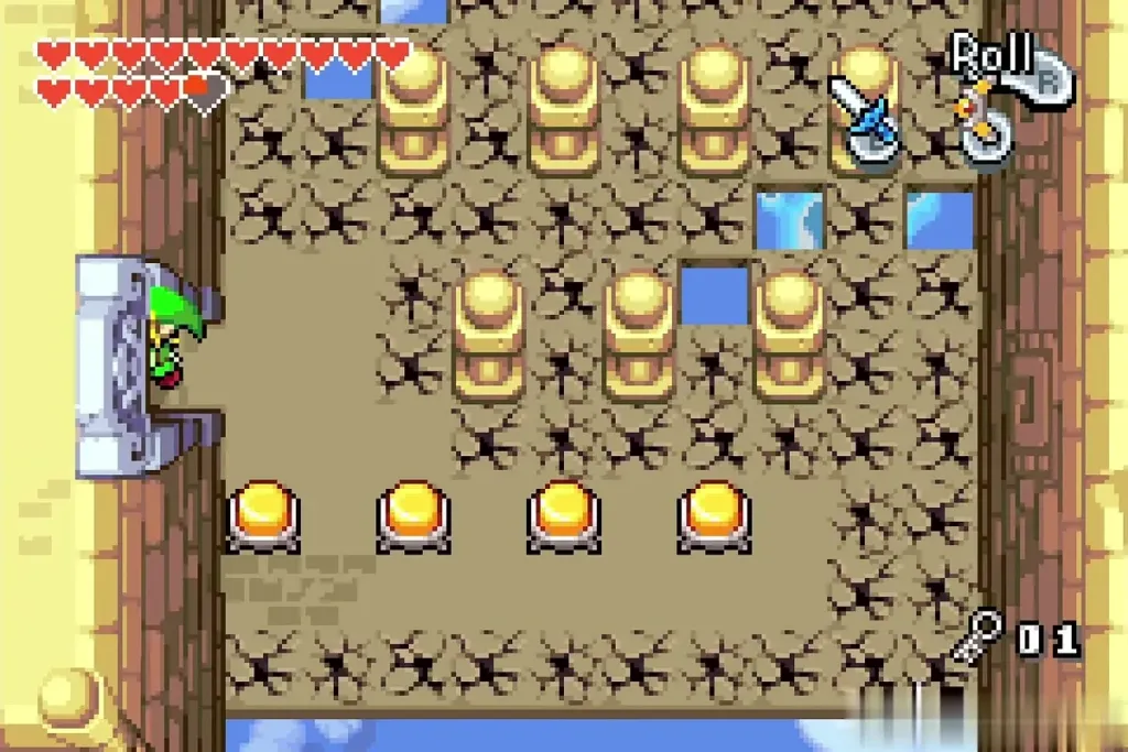 Four yellow floor switches below the cracked-floor pillars Four yellow floor switches below the cracked-floor pillars