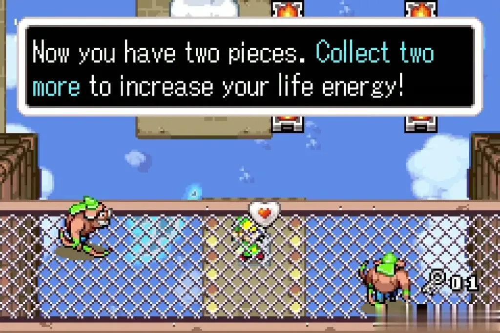 Link on the mesh bridge as the text says he now holds two Pieces of Heart Link on the mesh bridge as the text says he now holds two Pieces of Heart