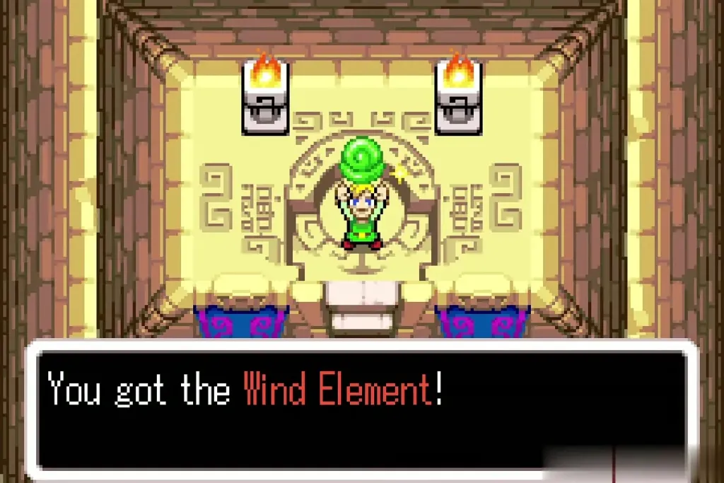 Link holding up the Wind Element with its message fully shown Link holding up the Wind Element with its message fully shown