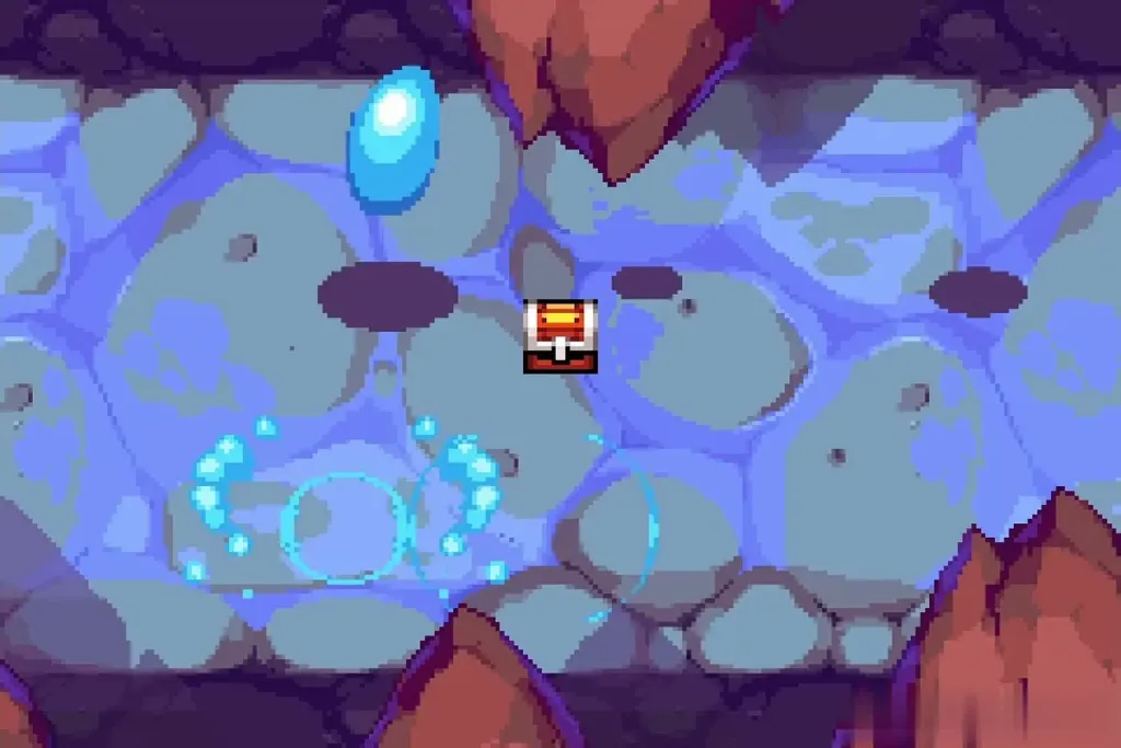 A dark chest and a blue crystal in a cave after a Mountain Minish fusion A dark chest and a blue crystal in a cave after a Mountain Minish fusion